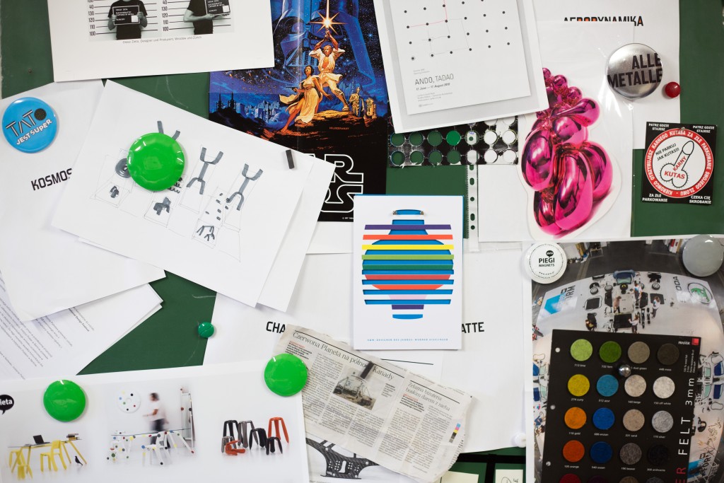 The designer's pin-board reveals past projects and inspiration