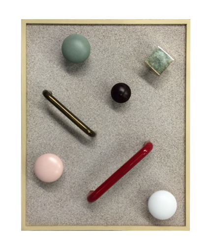 Jeffrey Tranchell- 2013 Ceramic metal and plastic drawer pulls on MDF with acrylic and faux stone paint_10.5_x8.5_x 2.25