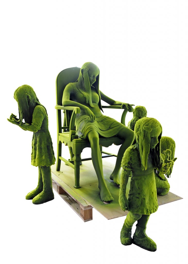 Kim Simonsson. Sleeping Mosswoman With Ghosts (2015). Ceramics, nylon fibre, wooden chair. Size 229 x 203 x 127 cm.