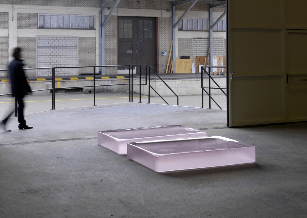 Roni Horn: Two Pink Tons (A) (2008). Solid cast pink glass with as-cast surfaces on all sides. 22.9 x 101.6 x 152.4 cm each, 2 units; 1.5" radii sides and bottom' © Roni Horn. Courtesy the artist and Hauser & Wirth.