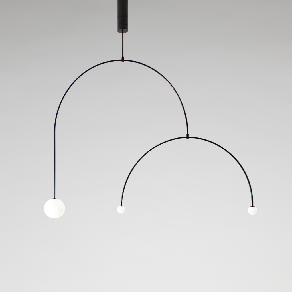 Michael Anastassiades (Cypriot, active in United Kingdom, b. 1967), Mobile Chandelier 9, 2015; Black patinated brass, mouthblown opaline sphere; 145.5 x 110.3 cm (57 9?32 x 4327?64 in.)