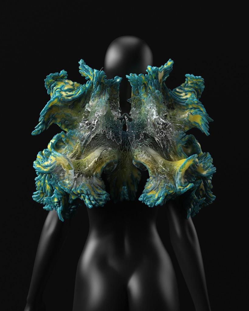 Neri Oxman (Israeli-American, active in USA, b. 1976) and MIT Mediated Matter Group in collaboration with Stratasys and Deskriptiv; Rendered by Deskriptiv: Christoph Bader and Dominik Kolb; Produced by Stratasys. Rendering, back view of Otaared, from Wanderers collection, 2014