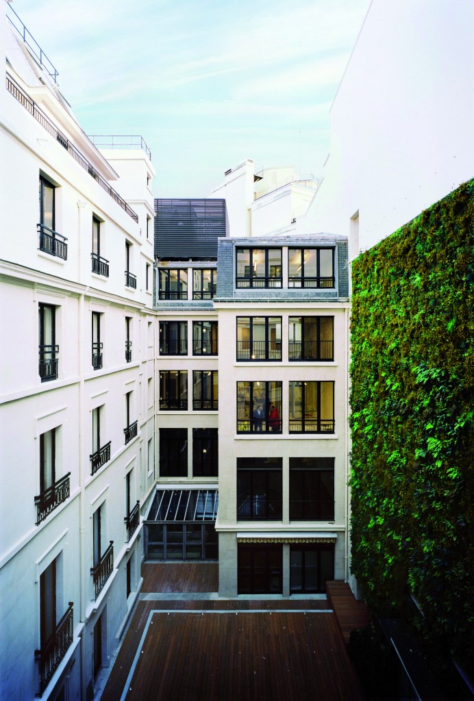 Greenery wall and natural wood terrace of the interior courtyard