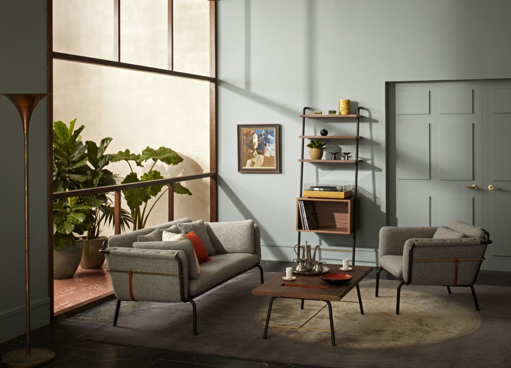 Love Seat, Coffee Table, Hi-Fi Console, and Club Chair, "Valet" collection by David Rockwell for Stellar Works (image courtesy Stellar Works)