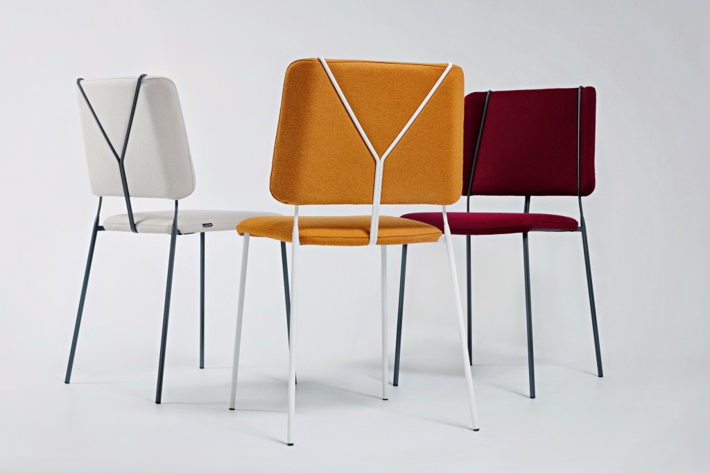 Frankie chair for Johanson Design, 2015. The straps of the trouser braces on the back of the Frankie chair give this piece of furniture an almost human identity. Johanson Design manufactures the chair in 192 RAL colours and nearly 500 different fabrics. The metal frame can be enamelled in contrasting colours.
