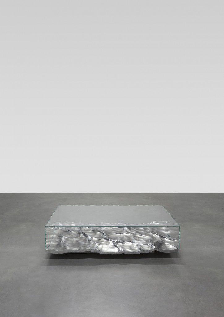 Mathieu Lehanneur - Liquid Aluminium Low Table, 2016.  Aluminium, Glass, H40 L150 W100 cm / H15.7 L59.1 W39.4 in.  Limited Edition of 8 + 4 AP.