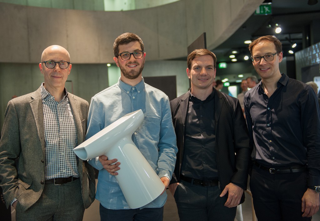 From left to right: Sven Adolph, tutor Industrial Design HGK Basel; Joe Griesbach, student and winner of the Laufen SaphirKeramik contest; Marc Viardot, Director Marketing and Products Laufen; Alain Reymond, Design and Product Manager, Ceramics. Photo courtesy Laufen ©2016 Natalie Miville