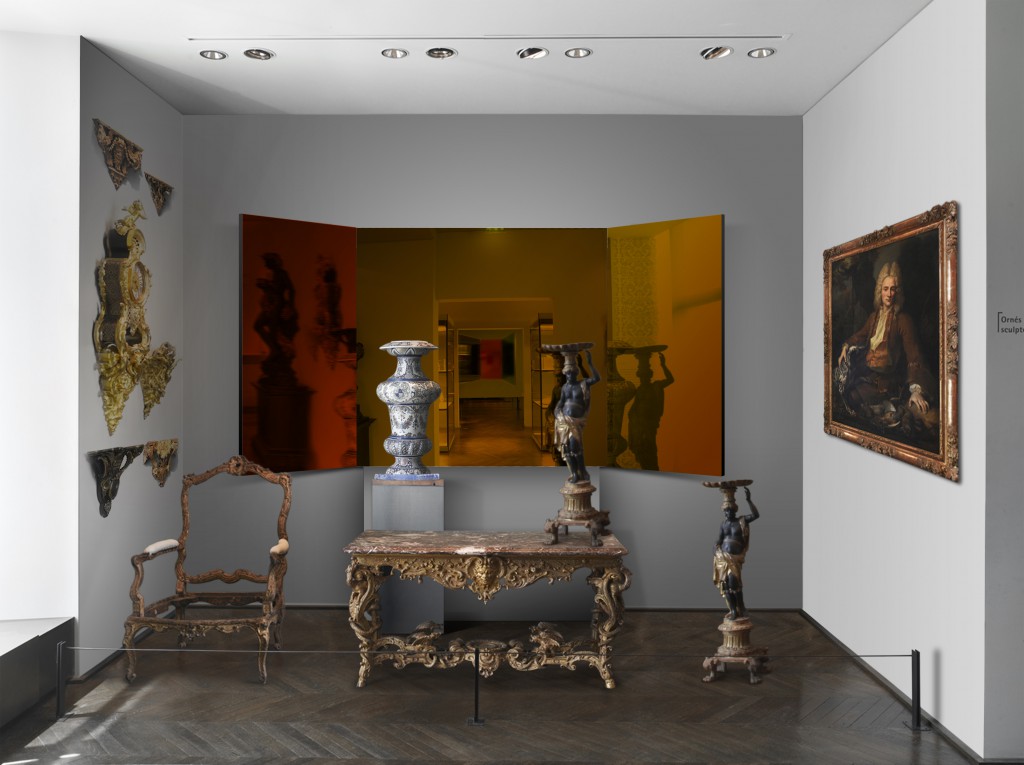 Scenography project for the Jean Nouvel, mes meubles d’architecte exhibition, 18th century department, Musée des Arts décoratifs, Triptyques, walnut and colored mirrors, Gagosian Gallery and Galerie Patrick Seguin