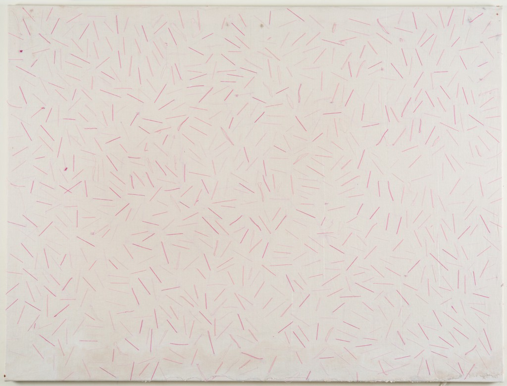 Hessie, Bâtons pédagogiques (‘Teaching sticks’), 1972/1973, Embroidery in two shades of pink on cotton canvas, 105 × 133 cm, Credit : Béatrice Hatala © Galerie Arnaud Lefebvre