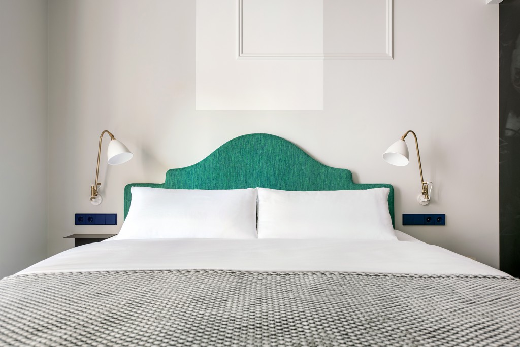 Hotel The Fritz Dusseldorf, bed throw from fabric rhombus design. Interior design: Invisible Party. Photo: Sal Marston 