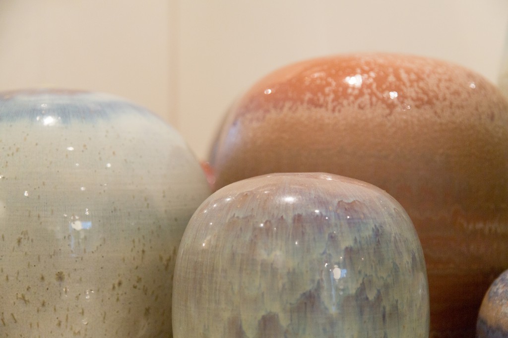 Spazio Nobile installation of large scale contemporary soft glazed ceramic sculptures with signature-made crystalline compositions, unique pieces, after 2000.