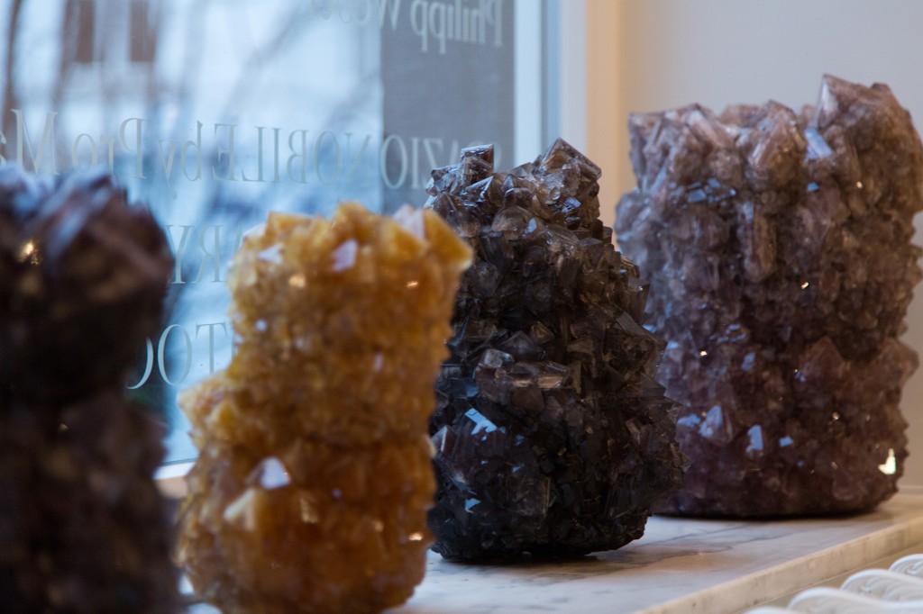 Crystal Vases by Isaac Monte, crystallized minerals, unique pieces. All sizes are available in all colors based on small samples displayed in Spazio Nobile’s kitchen