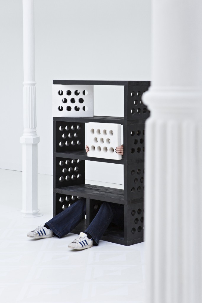Jan & Randoald + Labt again work together on a project engaging the former’s skills as graphic designers and the latter’s as specialist studio-maker of customised furniture. The resulting rack is a stackable and adaptable series of modules that can change function. 