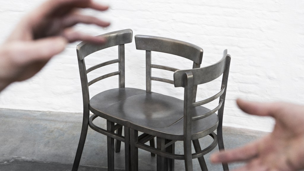 Atelier lachaert dhanis (Sofie Lachaert & Luc d’Hanis) + Art Casting play with visual perceptions and decontextualised domestic archetypes. Three bronze chairs soldered together, combining sophisticated conceptual design with the foundry’s speciality. 