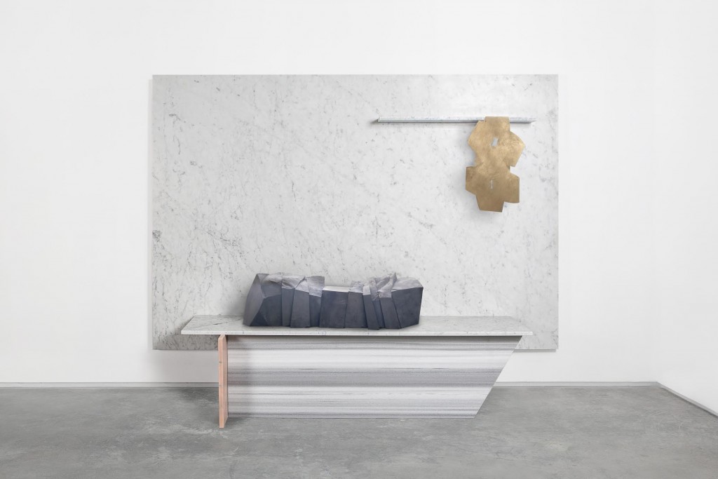 Stadler’s Marble-veneer -over-ALUCORE® Cut_Paste pieces #4-5-8 (2015) are accessorized with Noguchi’s material collages : Gift, 1964; Big Id, 1971 - Sail Shape, 1928; Pink Jizo, 1960; The Primordial Pierced by the Present, 1979; Baby Figure, 1958; Akari light sculptures