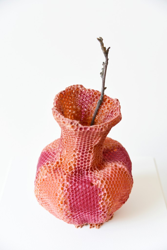 The Honeycomb Vase (2016), “made by bees” series, red edition, beeswax, copper wire 22 x 16 x 16 cm