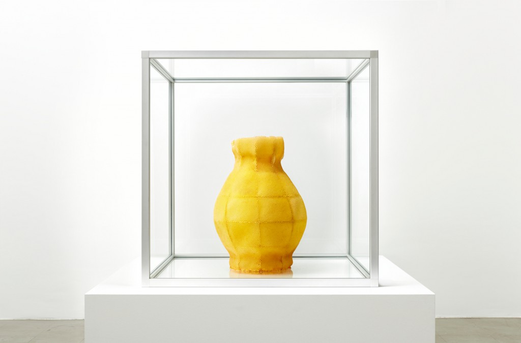 Vessel I (2011) “made by bees” series, beeswax, stainless steel, aluminium, glass 86 x 86 x 86 cm