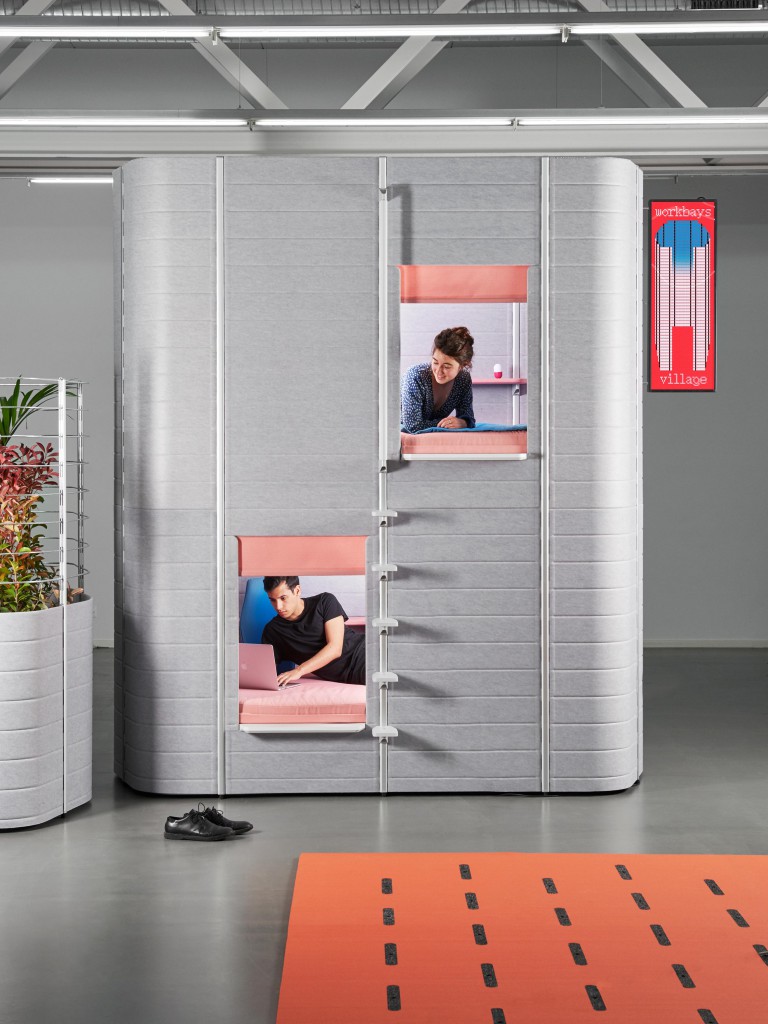 Capsule Bay by Antoine Chauvin. Modelled on the famous capsule hotels that can be found in Tokyo, this raised Workbay offers two single bedrooms for napping. 