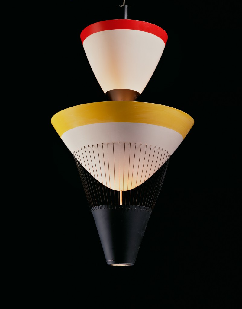  Ettore Sottsass [Italian, 1917-2007] with Arredoluce Hanging Lamp, 1957 Painted aluminum and nylon thread Unique from a series of lights. Courtesy of Friedman Benda