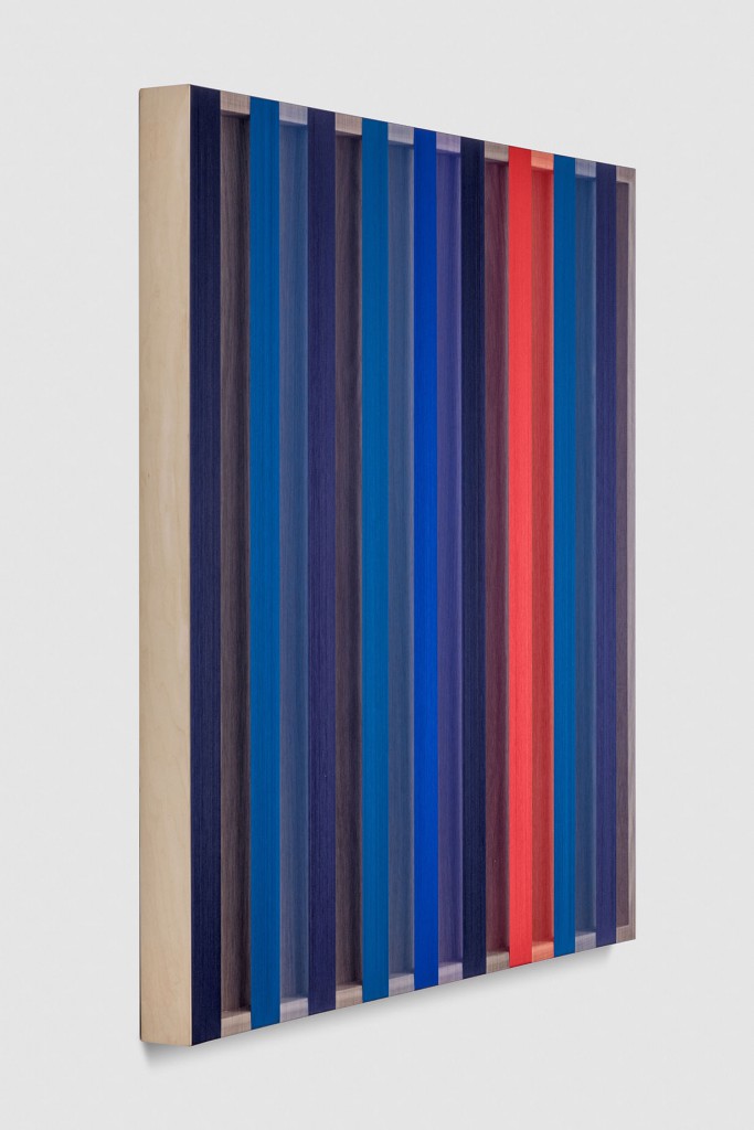 Untitled (Red and Blue banded hovering thread), 2017 single-strand rayon thread on vertical grain oak 36 x 36 in (91,4 x 91,4 cm) BW17P13