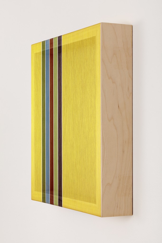 Untitled (Yellow Hovering Thread), 2017 single-strand rayon and metallic thread on vertical grain oak 12 x 12 in (30,5 x 30,5 cm) BW17P30