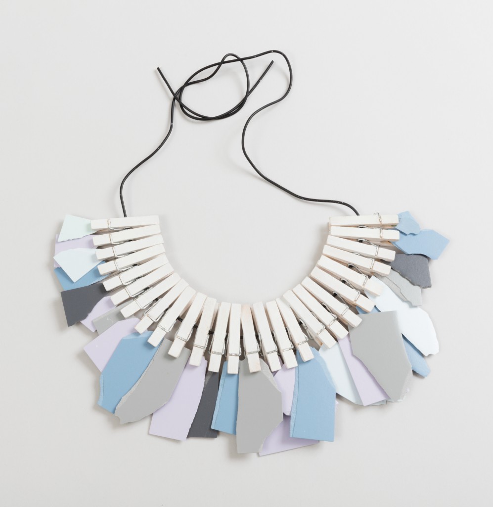 Ivy Ross; Necklace from the Colorcore Personal Adornment Series, 1983; Colorcore Formica fragments, clothespins (painted wood, metal), cord; L x W x D: 36.3 x 26.4 x 1.3 cm (14 5/16 x 10 3/8 x 1/2 in.); The Susan Grant Lewin Collection, Cooper Hewitt, Smithsonian Design Museum; Photo: Matt Flynn © Smithsonian Institution