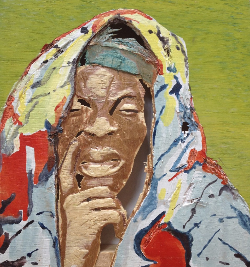 Aimé Mpane, Icono-Jérémie (pygmies), rough-hewn multiplex board, acrylic paint, 31 x 32 cm, 2013